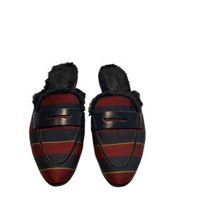 J Crew Faux Fur-Lined Academy Penny Loafers Mule in Silk Tie Print Size 7.5